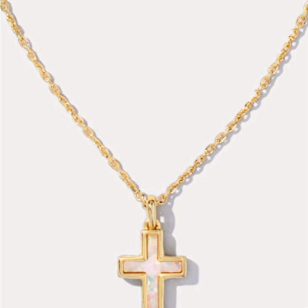Kendra Scott Gold mother of pearly Cross Necklace with Opal Inlay new